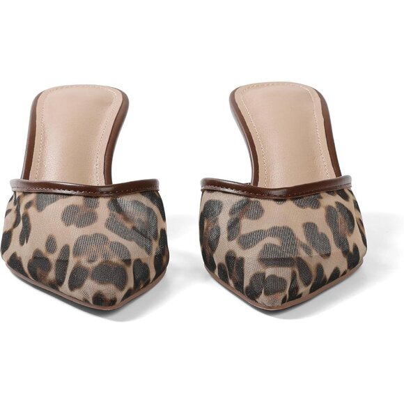 Women's Mesh Leopard Kitten Heels Closed Pointed Toe Stiletto Heels Black Mules - Picture 6 of 7